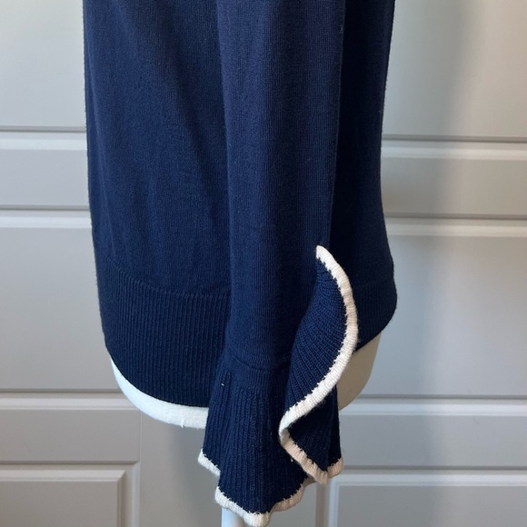 J Crew Navy Blue Ruffle Cuff Long Sleeve Merino Wool Knit Sweater Size Small - Picture 2 of 7